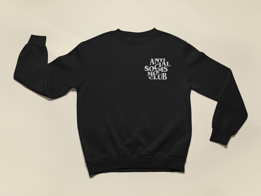 Anti Social Moms Club-Embroidered Crewneck Sweatshirt Black
